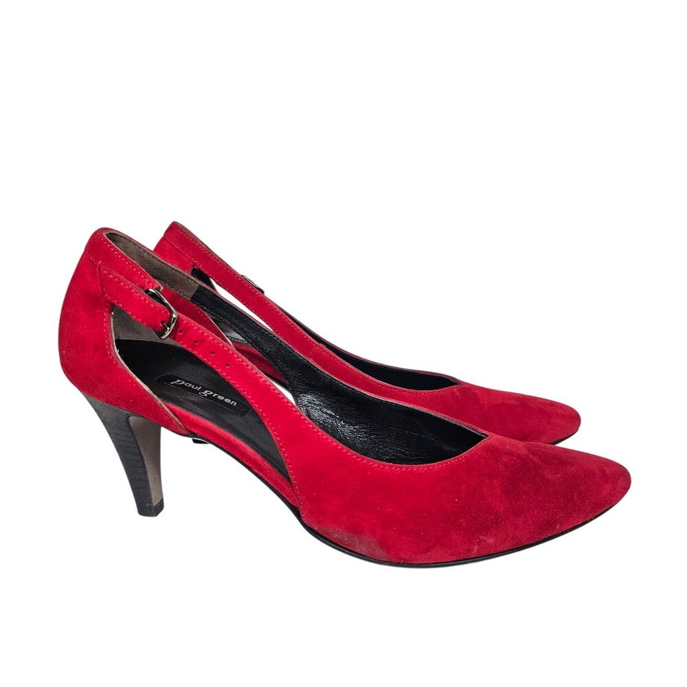 Paul Green Sasha Pump Chili Red Suede Heels Cutout‎ Pointed Toe Womens US8 UK5.5